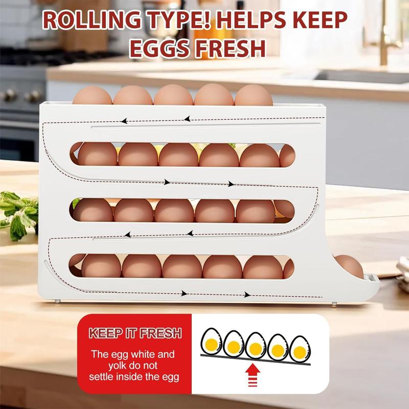 White 30-Egg Refrigerator Organizer, Egg Storage Box, Auto-Rolling Egg Dispenser, Space-Saving 4-Tier Egg Holder, Large Capacity Egg Storage Rack