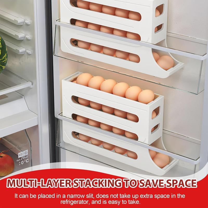 White 30-Egg Refrigerator Organizer, Egg Storage Box, Auto-Rolling Egg Dispenser, Space-Saving 4-Tier Egg Holder, Large Capacity Egg Storage Rack