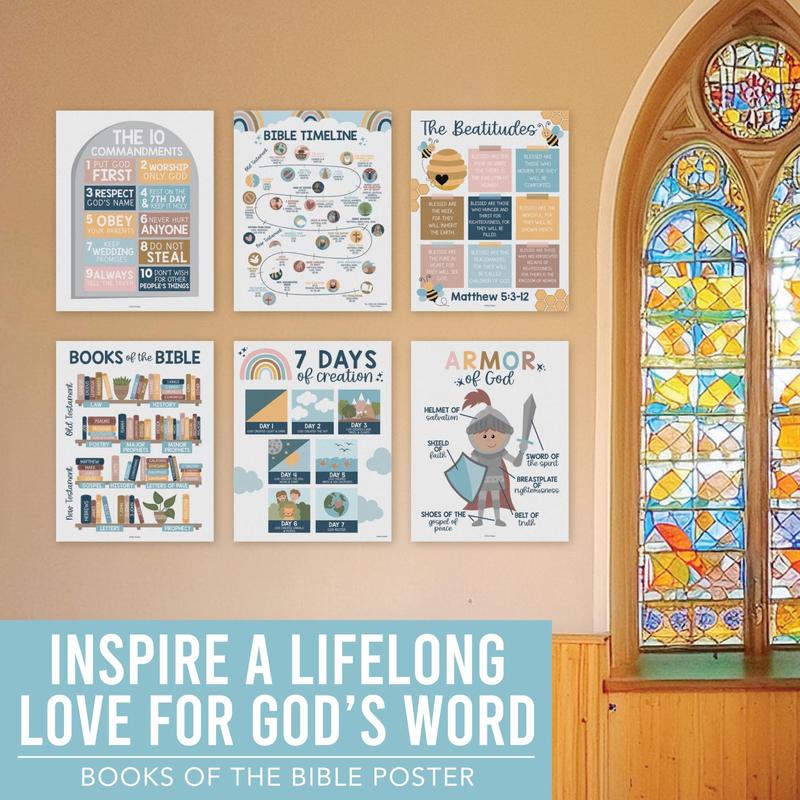 9 Boho Sunday School Decorations For Classroom - Sunday School Posters, Christian Posters, Christian Classroom Decor, Books Of The Bible Poster, 10 Commandments For Kids, Bible Timeline Chart