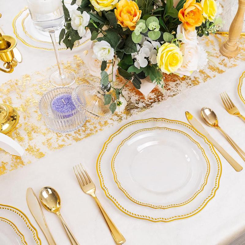 Nervure 60pcs Gold Plastic Plates - Clear and Gold Disposable Plates, 10.25 inch Plastic Dinner Plates, Perfect for Wedding & Party & Thanksgiving