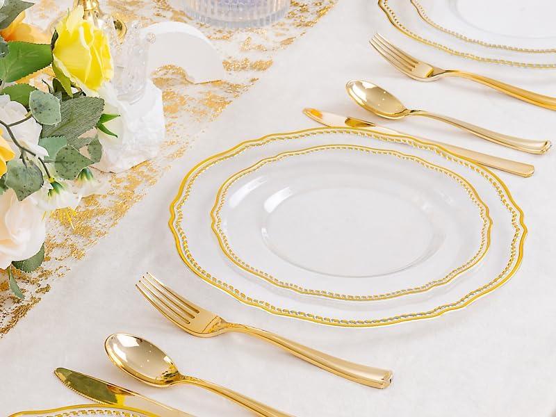 Nervure 60pcs Gold Plastic Plates - Clear and Gold Disposable Plates, 10.25 inch Plastic Dinner Plates, Perfect for Wedding & Party & Thanksgiving