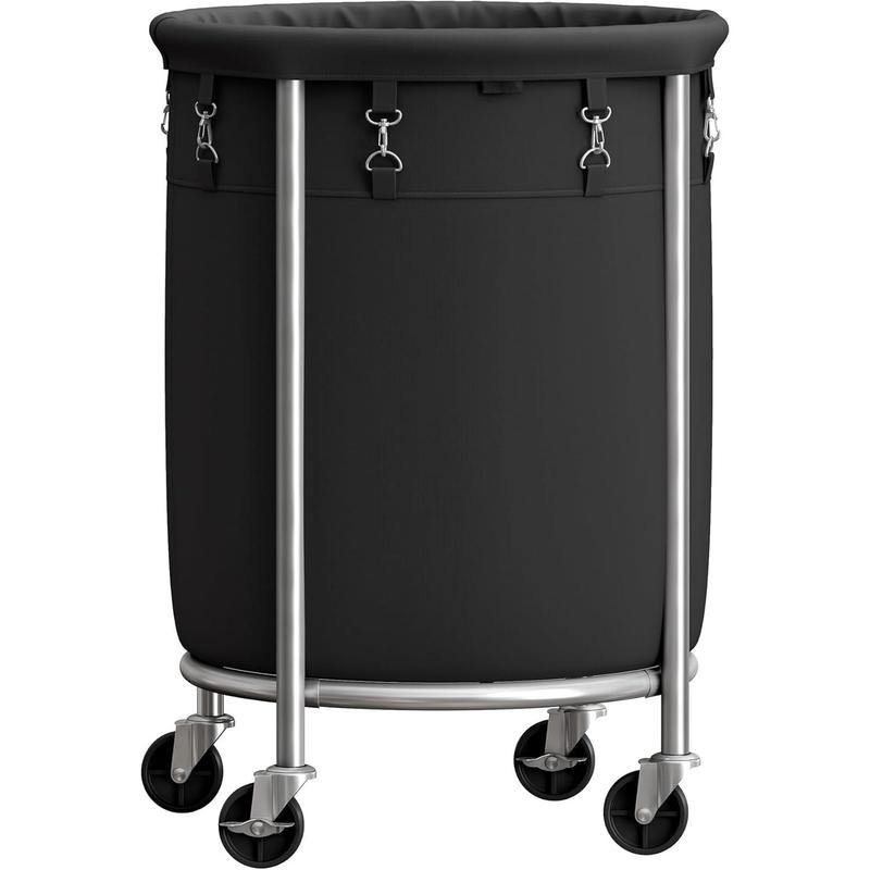 Laundry Basket with Wheels, Rolling Laundry Hamper, 29 Gal., Round Laundry Cart with Steel Frame and Removable Bag, 4 Casters and 2 Brakes, Black and Silver URLS002B01