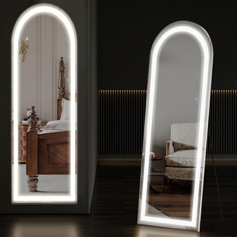 Mirror Full Length Standing Mirror with LED Lights, Lighted Floor Mirror, Dimming & 3 Color Lighting Aluminum Alloy Thin Frame Decor with Switch