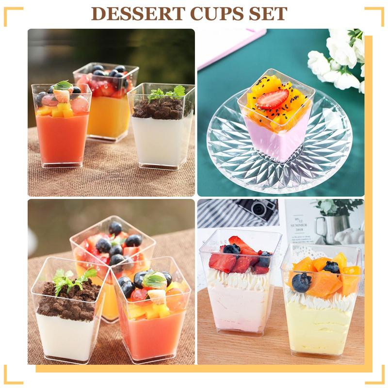 mwellewm 150 Packs Mini Dessert Cups with Spoons, Clear Plastic Dessert Parfait Cups for Parties, Dessert Shooters Fruit Ice Cream Pudding Appetizer Cups (Oval, Square,3oz, 5oz)