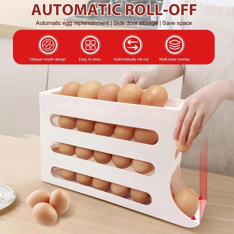 White 30-Egg Refrigerator Organizer, Egg Storage Box, Auto-Rolling Egg Dispenser, Space-Saving 4-Tier Egg Holder, Large Capacity Egg Storage Rack