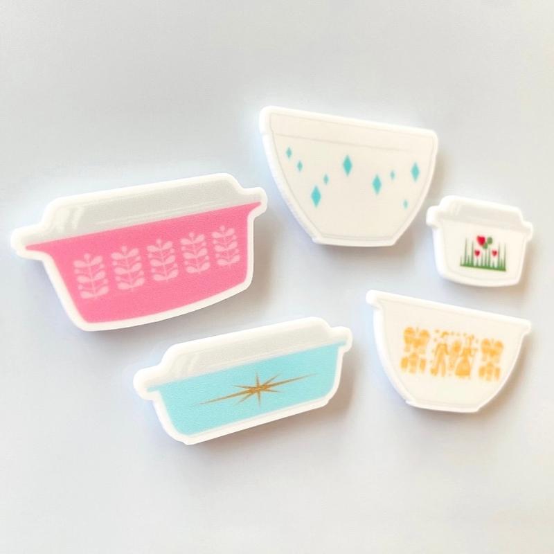 Vintage Rare Pyrex Patterns Fridge Magnets, Decorative Retro Pyrex Mixing Bowls, Pink Stems, Turquoise Diamonds, Lucky in Love, Starburst, Butterprint