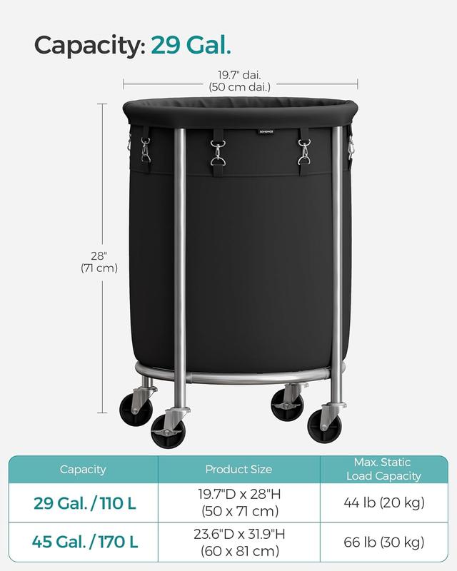 Laundry Basket with Wheels, Rolling Laundry Hamper, 29 Gal., Round Laundry Cart with Steel Frame and Removable Bag, 4 Casters and 2 Brakes, Black and Silver URLS002B01