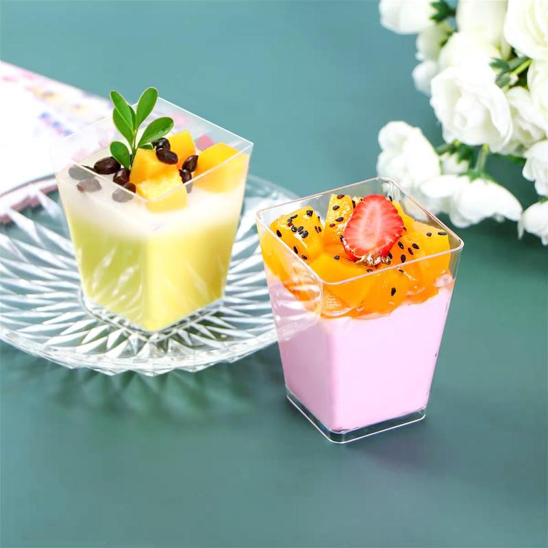 mwellewm 150 Packs Mini Dessert Cups with Spoons, Clear Plastic Dessert Parfait Cups for Parties, Dessert Shooters Fruit Ice Cream Pudding Appetizer Cups (Oval, Square,3oz, 5oz)