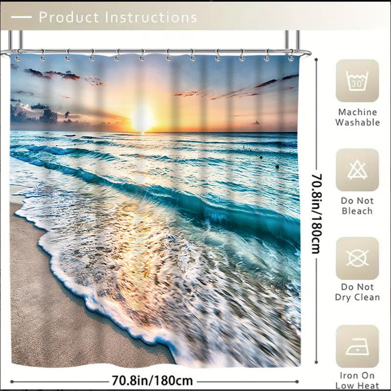 Beach Sunset Pattern Shower Curtain, Waterproof Shower Curtain with 12 Plastic Hooks, Bathroom Decor Accessories