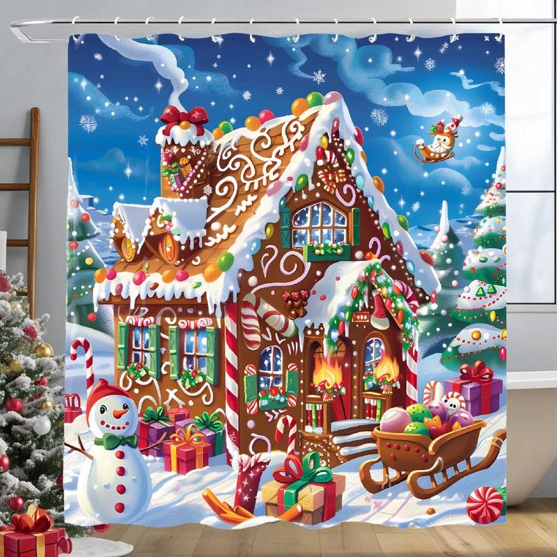 Christmas Gingerbread House Pattern Shower Curtain, 1 Count Waterproof Bathroom Curtain with 12 Hooks, Bathroom Decor Supplies for Home Hotel Salon Dormitory