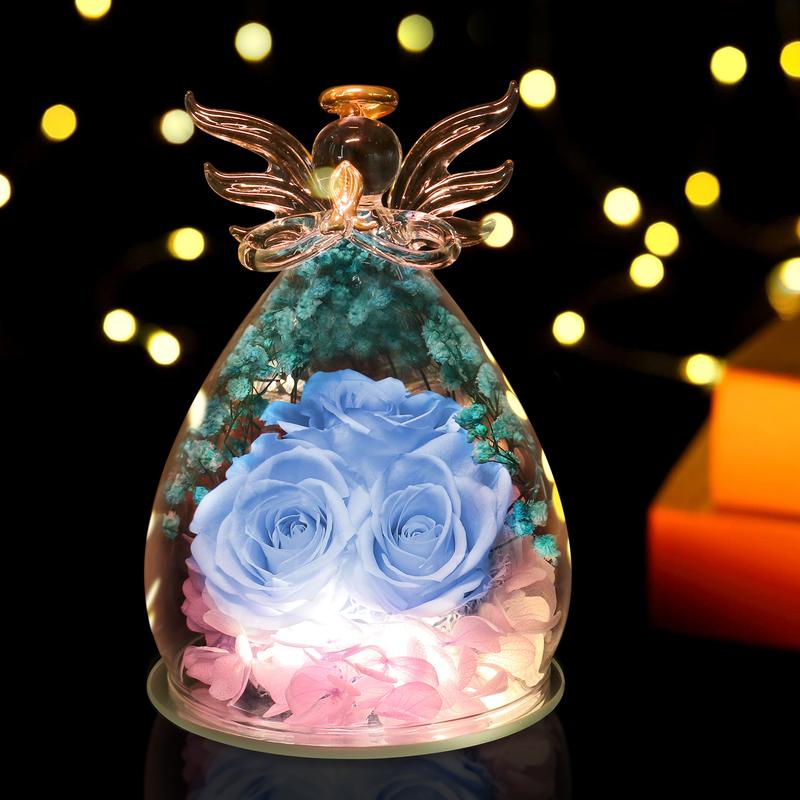 DEEMEI Christmas Preserved Flower Praying Birthday Angel Figurine Gift with Rose in Glass Cover for Her Women for Valentine's Day Ornament Decor Rose