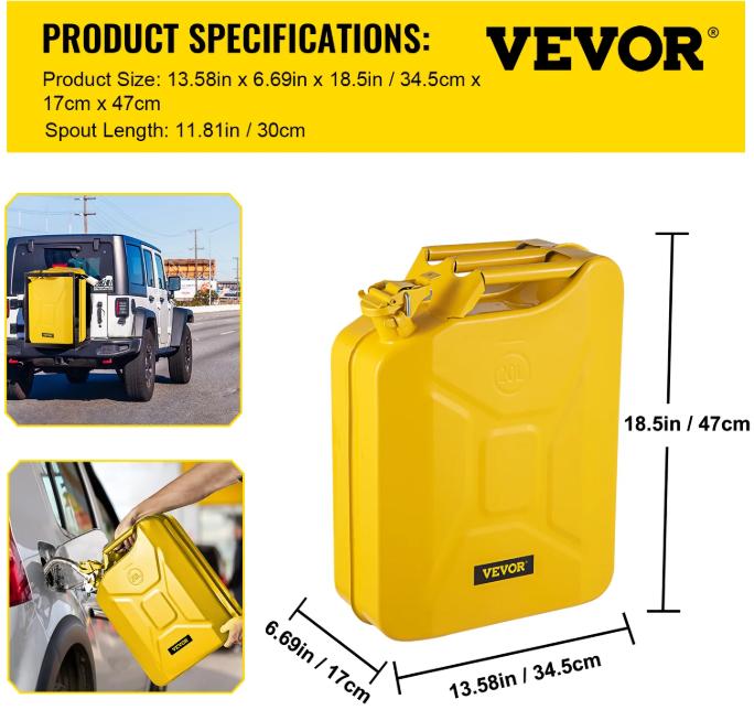 VEVOR Jerry Fuel Can, 5.3 Gallon   20 L Portable Jerry Gas Can, Yellow - Bottles, Organiser