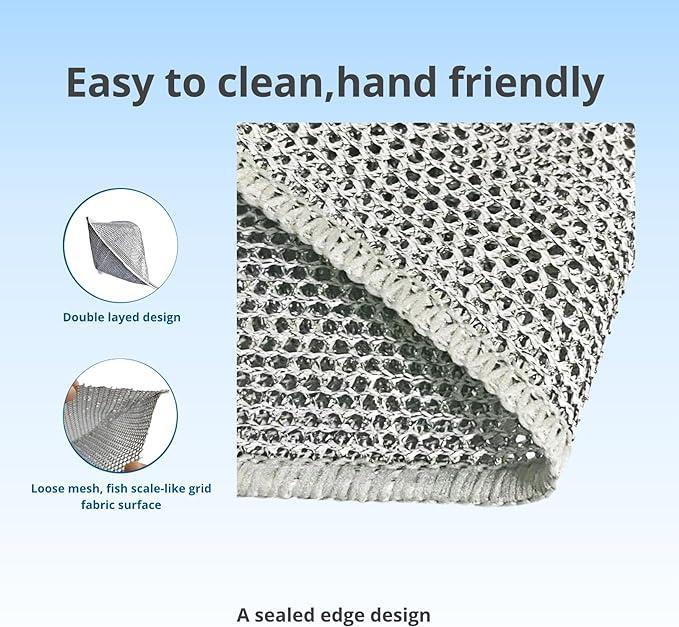 Multipurpose Wire Miracle Cleaning Cloths, 2024 New Scrubbing Wire Dishwashing Rags, Non-Scratch Kitchen Wire Dishcloth Rag for Cookware, Time-Saver Kitchen Wipes Multipurpose Cleaning Pads, Double-Layer Steel Wire Cleaning Cloths Scrubs Cleans for Dishes