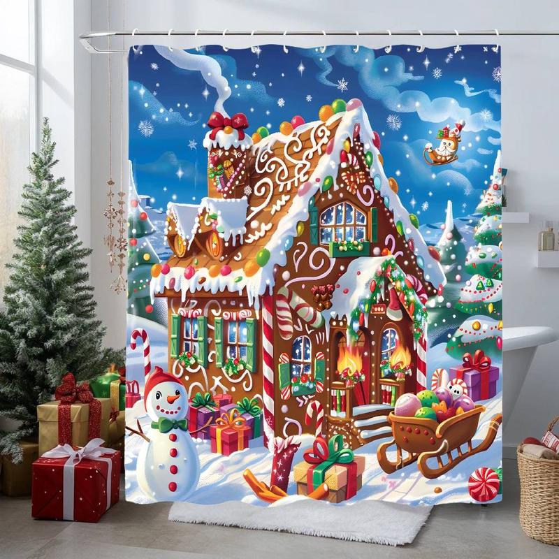 Christmas Gingerbread House Pattern Shower Curtain, 1 Count Waterproof Bathroom Curtain with 12 Hooks, Bathroom Decor Supplies for Home Hotel Salon Dormitory