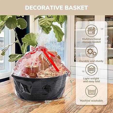 CHICVITA Black Basket Empty Gift Basket, BooBasket, Small Woven Basket for Organizing, Rope Basket for Storage, Decorative Basket for Dogs, Cats, Cute Basket Organiser for Shelves, Handmade Basket of Natural Material, 12