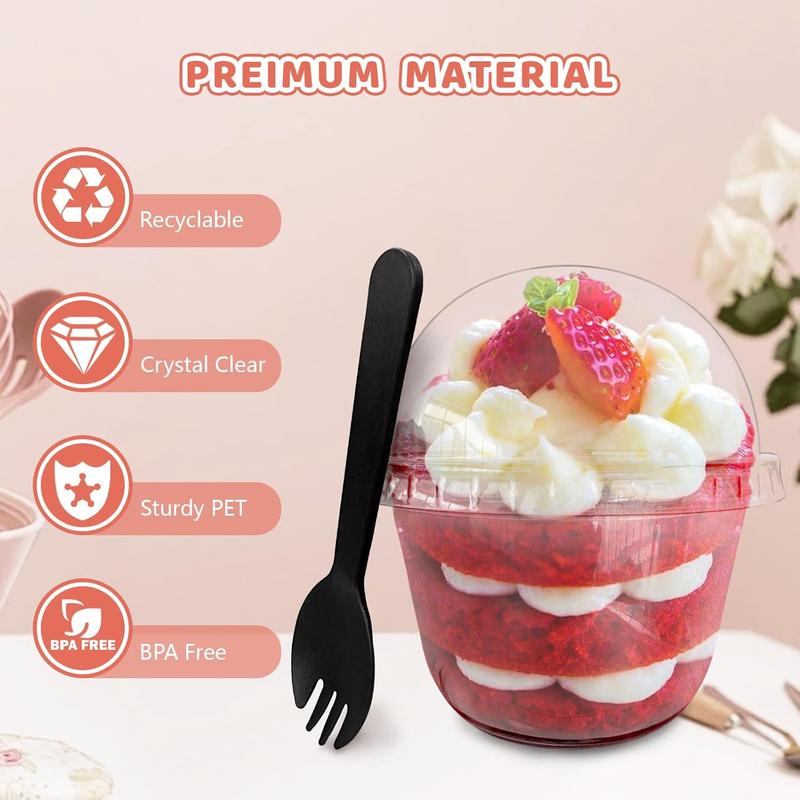 100 count 10oz Plastic Dessert Cups with Dome Lids,50Pcs Disposable Clear Parfait Party Cup(No Hole) and 50 count Sporks,Snack Containers Bowls for Cake,Mousse,Milkshake,Yogurt,Ice Cream,Fruits