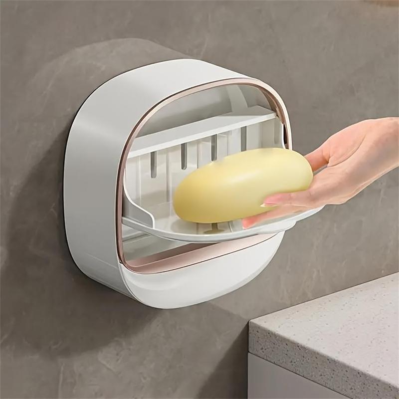 Wall Mounted Soap Dish, 1 Count Punch Free Soap Bar Holder with Lid, Double Layer Soap Draining Dish for Bathroom & Kitchen Storage