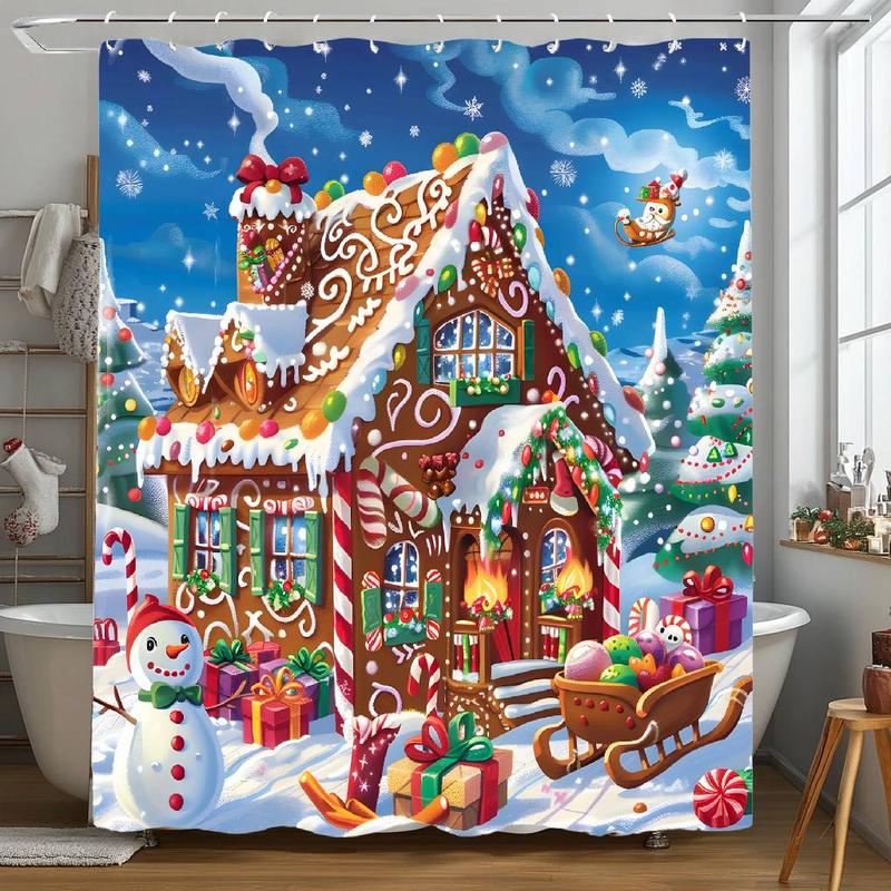 Christmas Gingerbread House Pattern Shower Curtain, 1 Count Waterproof Bathroom Curtain with 12 Hooks, Bathroom Decor Supplies for Home Hotel Salon Dormitory