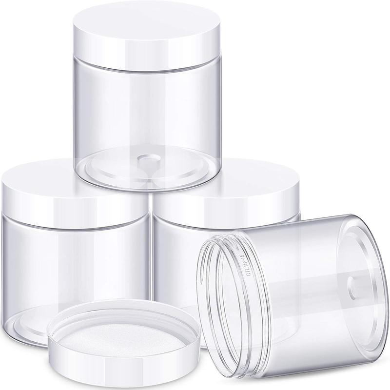 4 Pieces Round Clear Wide-mouth Leak Proof Plastic Container Jars with Lids for Travel Storage Makeup Beauty Products Face Creams Oils Salves Ointments DIY Making or Others (White,8 Ounce)