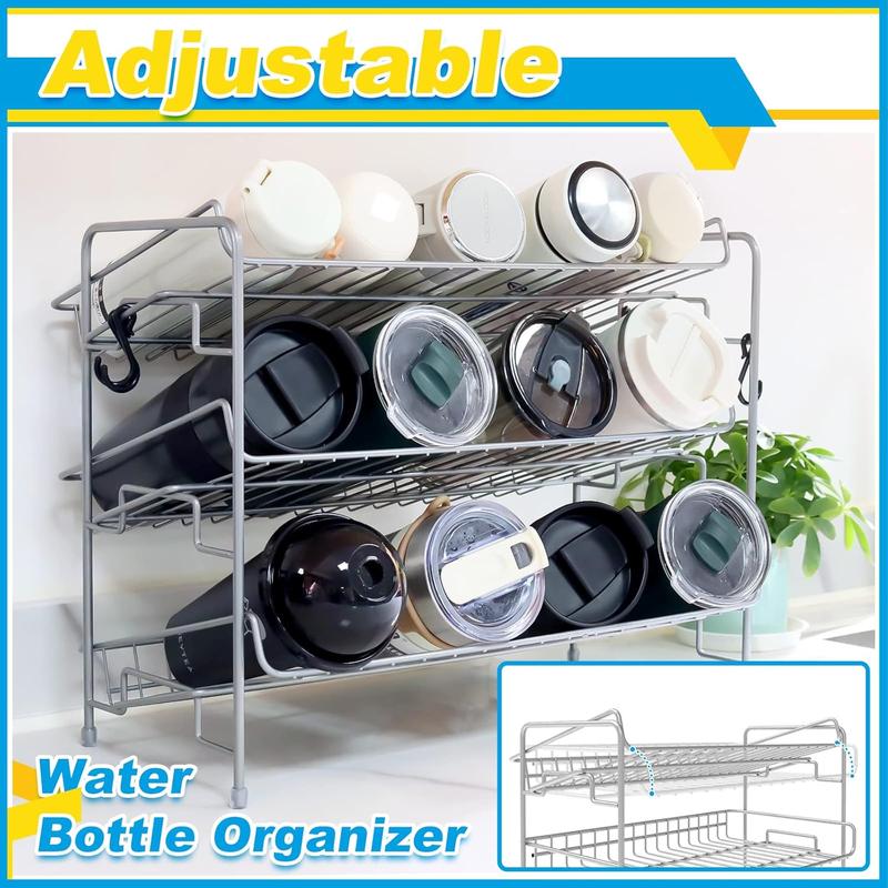 Water Bottle Organizer, 3-Tier Water Bottle Organizer for Cabinet, Tumbler Travel Cup Holder, Pantry Kitchen Stackable Storage Rack for Shaker Bottle, Baby Bottle, Wine, Can, Cup, Drying Rack