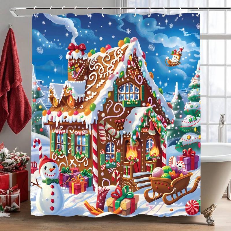 Christmas Gingerbread House Pattern Shower Curtain, 1 Count Waterproof Bathroom Curtain with 12 Hooks, Bathroom Decor Supplies for Home Hotel Salon Dormitory