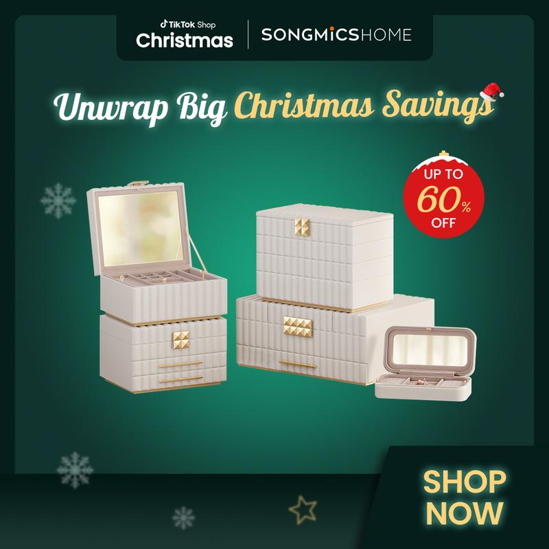 SONGMICS HOME ANAH Collection Jewelry Box with Mirror and Organizer - PU Surface with Stitching and Floating Effect - Gift Idea