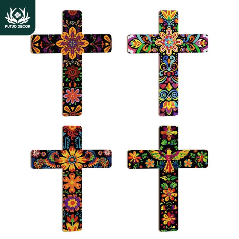 Floral Pattern Cross Decoration, 1 Count Wooden Wall Decor, Wall Mounted Festive Decoration for Home Farmhouse Living Room Church