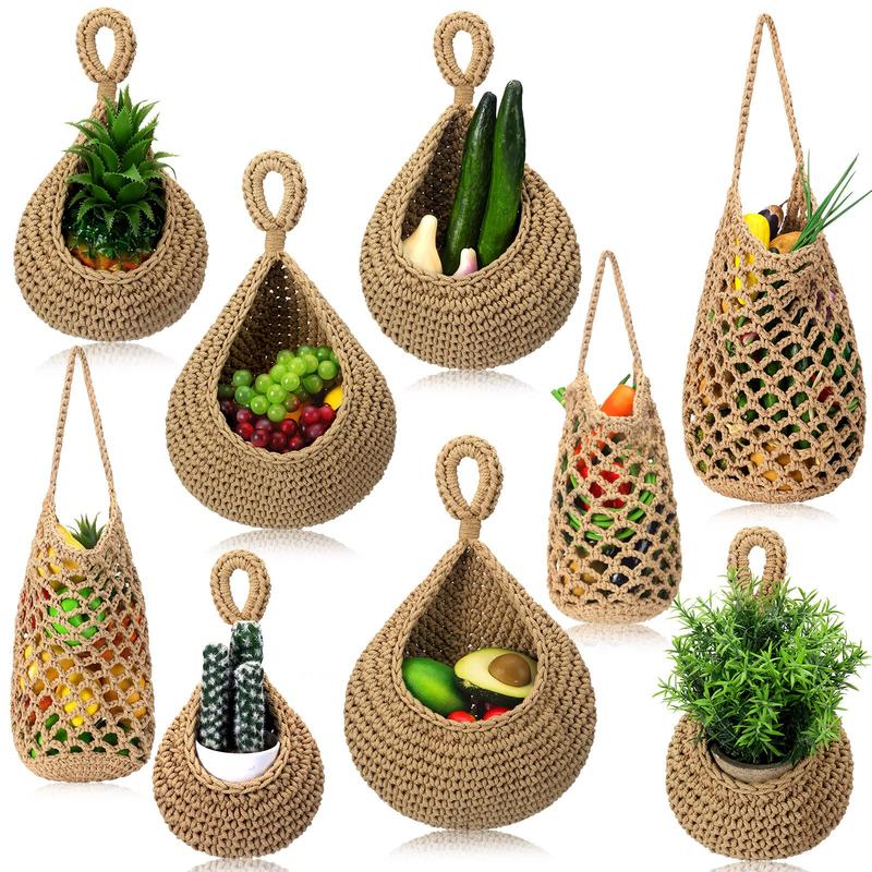 9 Pcs Jute Hanging Fruit Baskets for Kitchen Boho Hanging Basket Woven Hanging Wall Basket Storage Garlic Keeper for Potato Onion Banana Vegetable Produce Hammock Holder Home Kitchen Decor (Brown)