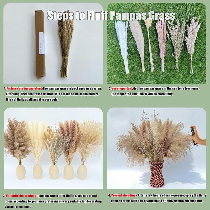 100Pcs Pampas Grass Boho Home Decor 17 inch Natural Dried Flowers-Pampas Grass Contains Bunny Tails White Pampas Brown Pampas.Boho Decor for Farmhouse Wedding Boho Wall Bathroom Office Kitchen-