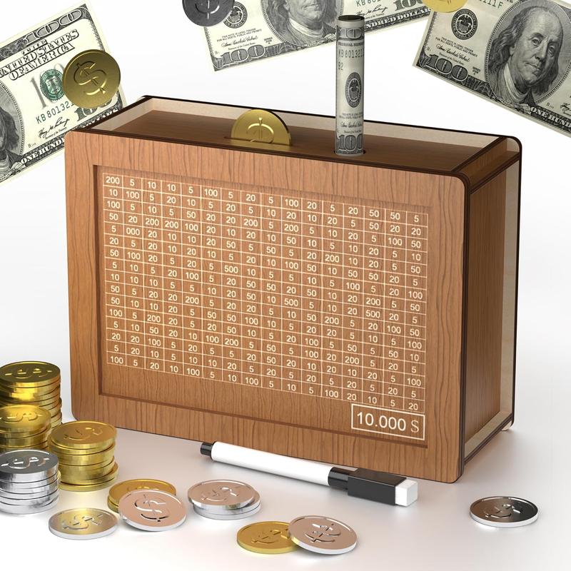 10000 Savings Challenge Box, Money Saving Box with Money Target and Numbers, Cash Vault Wooden Savings Box, Wooden Money Box, Coin Counter Piggy Bank for Adults, Wooden Coin Bank for Kids 10,000