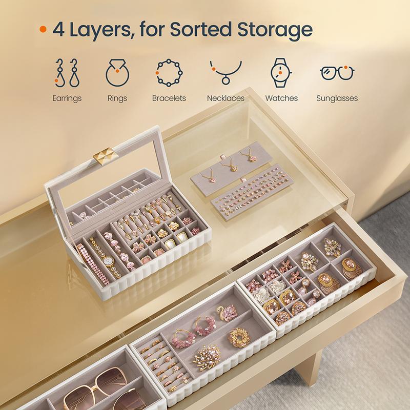 SONGMICS HOME ANAH Collection Jewelry Box with Mirror and Organizer - PU Surface with Stitching and Floating Effect - Gift Idea