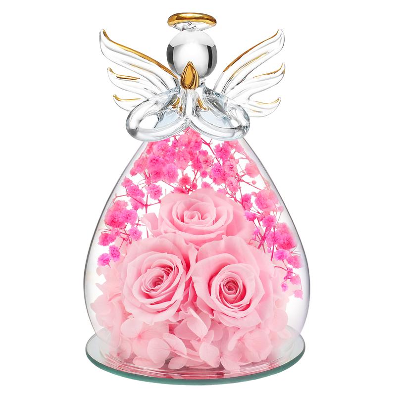 DEEMEI Christmas Preserved Flower Praying Birthday Angel Figurine Gift with Rose in Glass Cover for Her Women for Valentine's Day Ornament Decor Rose