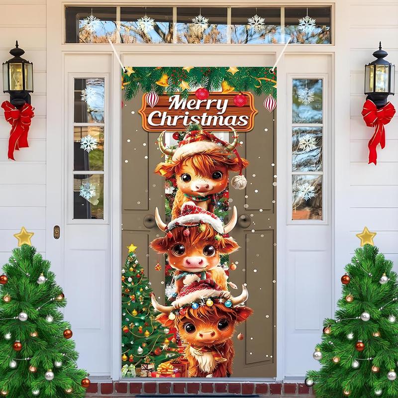 Cute Cow Pattern Christmas Door Banner, 1 Count Merry Christmas Door Hanging Banner, Festive Backdrop for Home Living Room Bedroom Party Decor