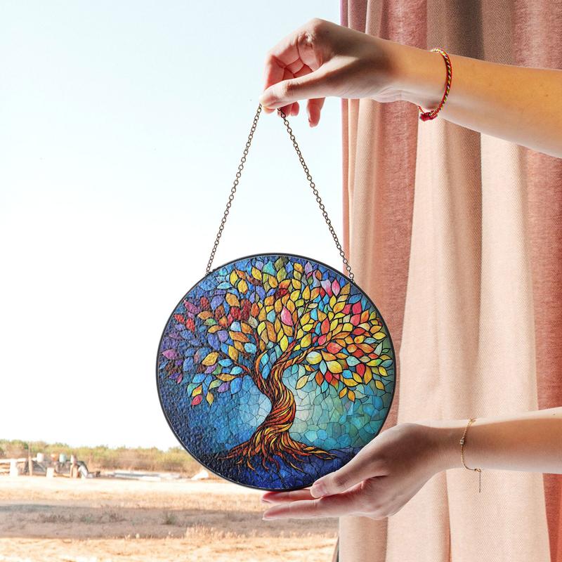 Stained Glass Tree of Life Suncatcher – Vibrant Nature-Inspired Window Hanging Art with Colorful Leaves Home Decor Door Hanger Suncatchers Decor, Stained Glass Art