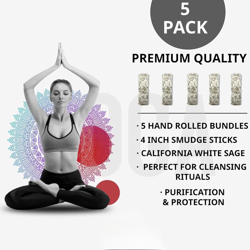 (Pack of 5) Premium 4 Inches Long California White Sage. 5 Bundles Smudging Kit For Home Cleansing, Meditation. Scent Scented Bowl Hand