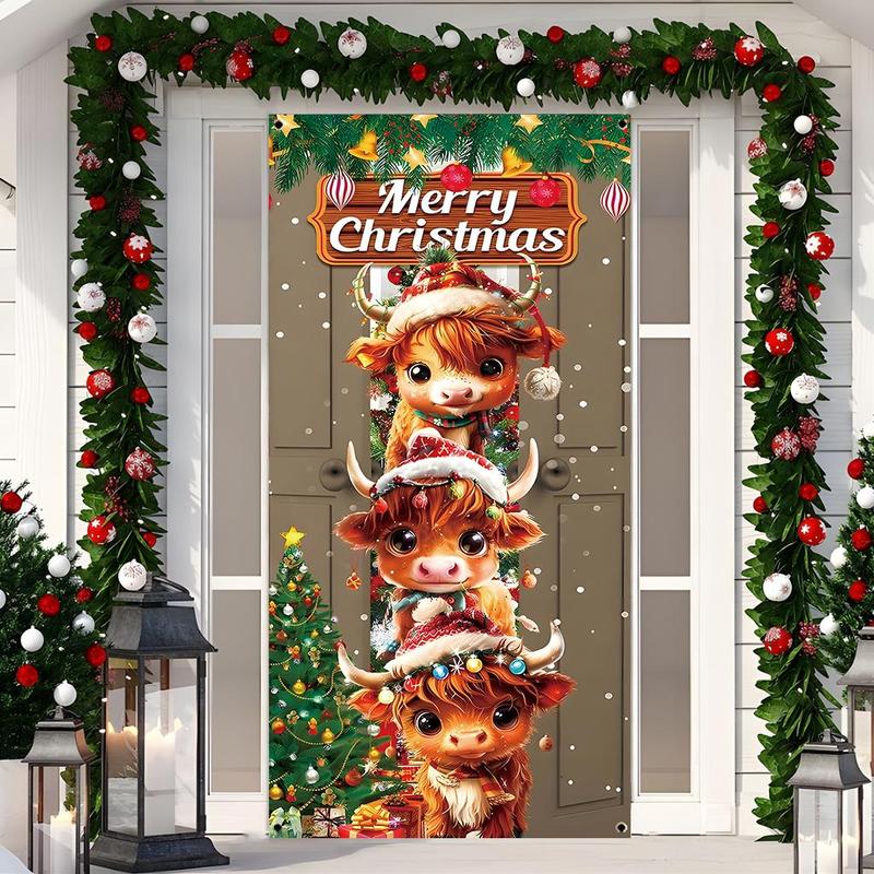 Cute Cow Pattern Christmas Door Banner, 1 Count Merry Christmas Door Hanging Banner, Festive Backdrop for Home Living Room Bedroom Party Decor