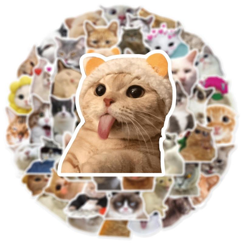 50pcs Cute Cartoon Cat Pattern Sticker, Funny Cat Animal Waterproof Cartoon Sticker, Decoration Sticker For Computer, Guitar, Bag, Water Cup, Scrapbook