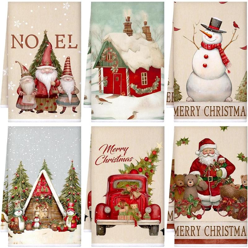 6 Pcs Christmas Kitchen Towels Vintage Winter Dish Towels Absorbent Snowman Santa Claus Bathroom Hand Towels Decorative Xmas Tea Towel Christmas Decoration for Kitchen Bathroom