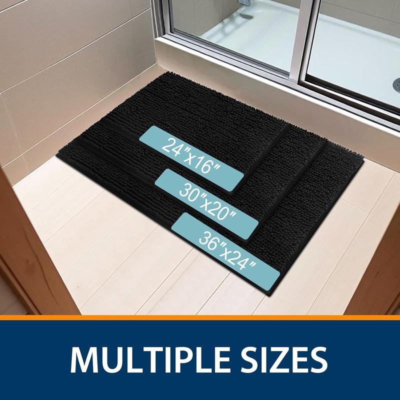 Black Luxury Chenille Bath Rug, 30''x20'', Extra Soft and Absorbent. non-slip plush shaggy bath carpet, Machine Washable. Carpet Runner for Tub, Shower, and Bath Room. Mat Microfiber