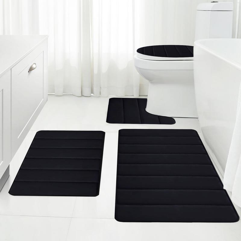 Black Memory Foam Bathroom Rug Set 4 Piece, Non Slip Extra Soft Absorbent Washable & Dry Toilet Bath Mat Sets