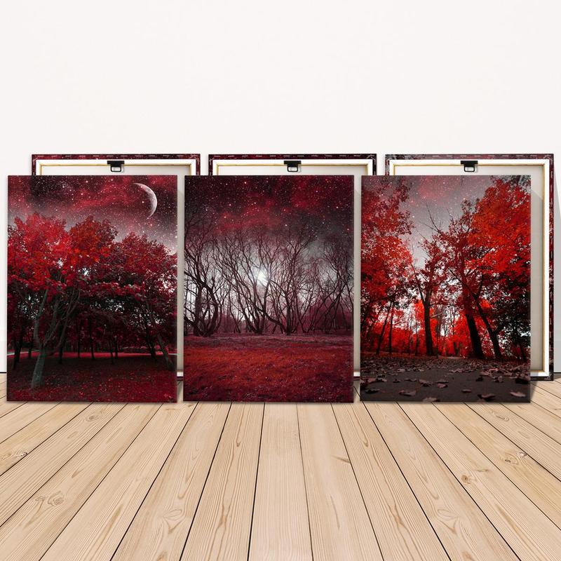 Wooden Framed Canvas Painting, 3 Counts set Starry Sky Over The Mangroves Pattern Wall Art, Wall Decor for Home Living Room Bedroom Office