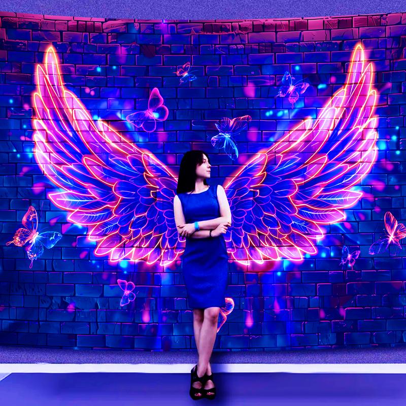 Blacklight Angel Wings Tapestry, UV Reactive Neon Wings Wall Hanging Tapestries, Fluorecent Butterfly Aesthetic Wall Art Decor for Bedroom, Living Room