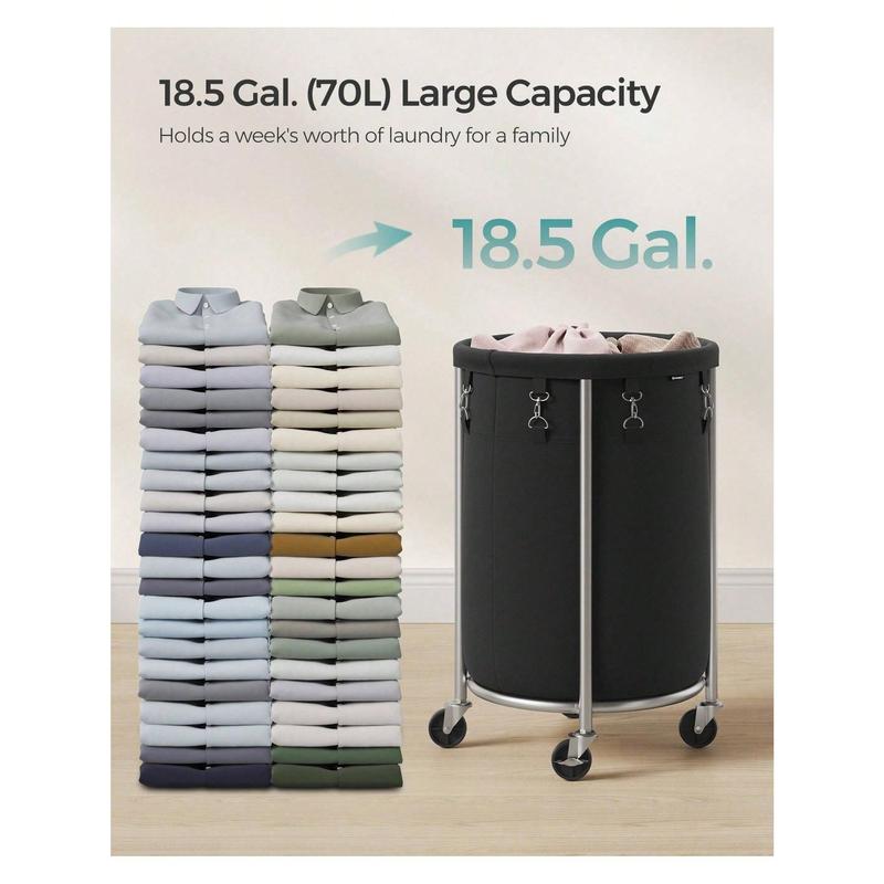 Laundry Basket With Wheels, Rolling Laundry Hamper, 18.5 Gal., Round Laundry Cart With Steel Frame And Removable Bag, 4 Casters And 2 Brakes