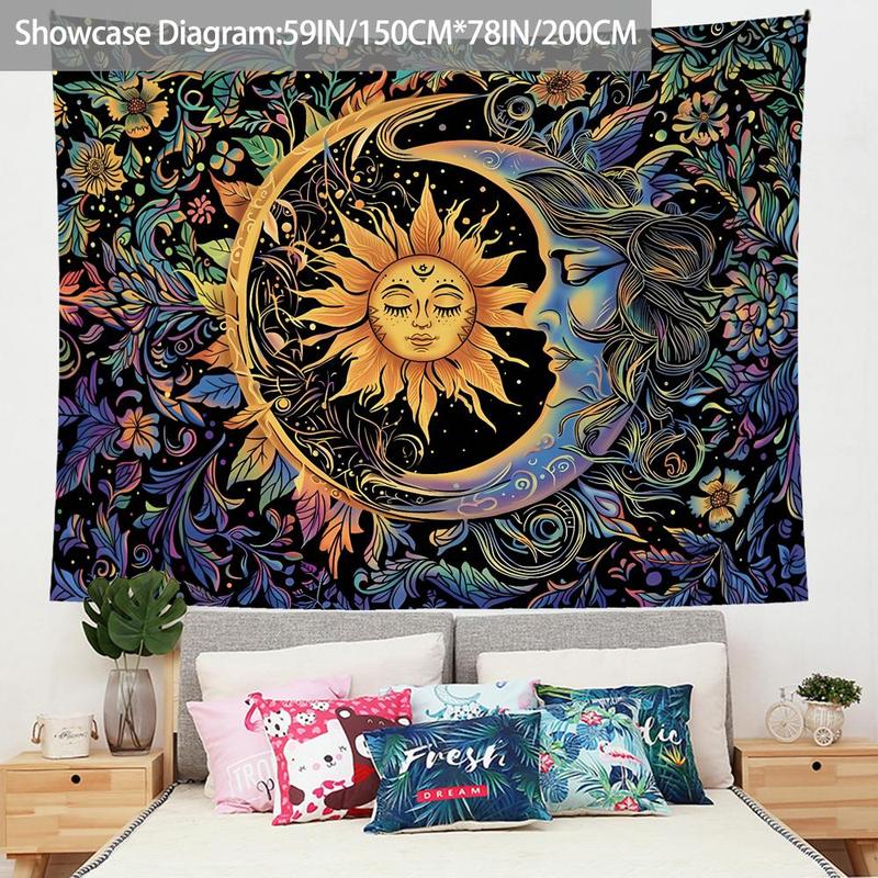 Sun & Moon & Flower Pattern Tapestry, 1 Count Psychedelic Mysterious Themed Tapestry, Wall Hanging Decoration for Home Bedroom Living Room Dormitory