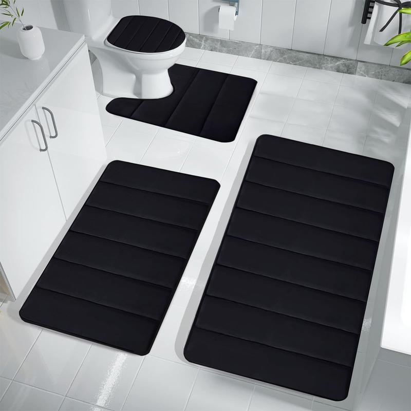 Black Memory Foam Bathroom Rug Set 4 Piece, Non Slip Extra Soft Absorbent Washable & Dry Toilet Bath Mat Sets