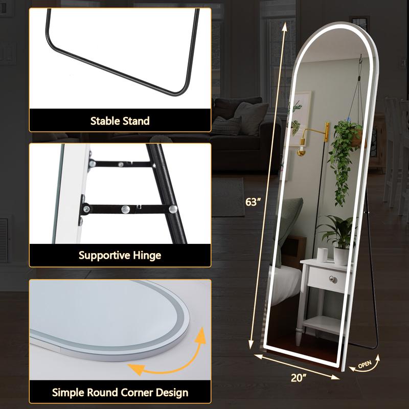 Sweet Furniture S Floor Mirror Stand Mirror Full Length with LED Lights, Floor Mirror Dimming & 3 Color Lighting, Large Mirror Full Length Aluminum Alloy Thin Frame for Bedroom, Dressing Room