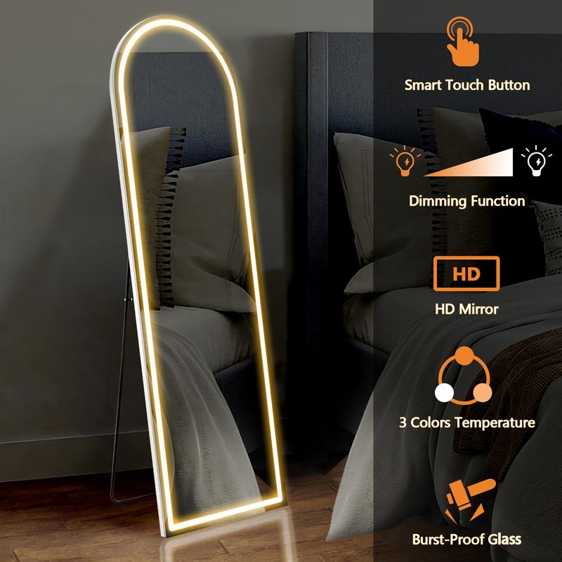 Sweet Furniture S Floor Mirror Stand Mirror Full Length with LED Lights, Floor Mirror Dimming & 3 Color Lighting, Large Mirror Full Length Aluminum Alloy Thin Frame for Bedroom, Dressing Room