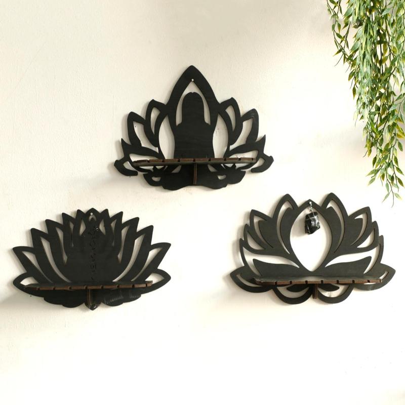 Lotus Flower Design Wall Hanging Shelf, 1 2 3 Counts Wooden Hanging Decor, Wall Shelf for Home Office Bedroom Living Room, Home Decor