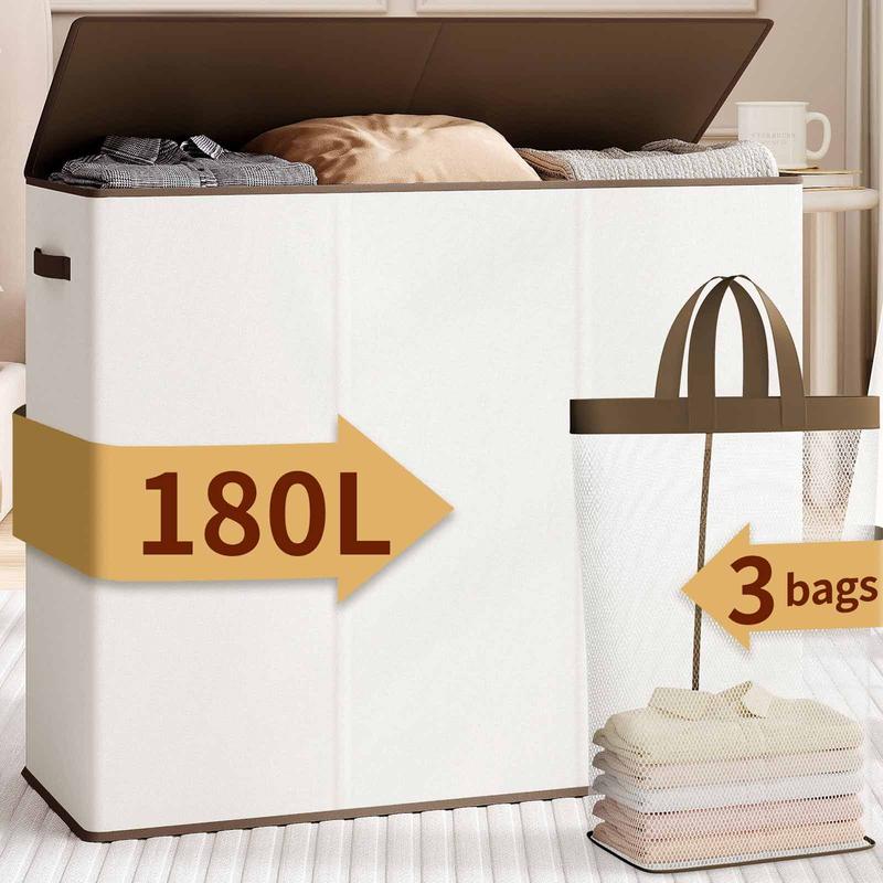 Relefree laundry hamper 3 section,180L large laundry basket for laundry sorting,Clothes Hamper with 3 Removable Bags,laundry hamper with lid, ideal for Bedroom,Bathroom,D orm,Laundry Room,Grey Organiser