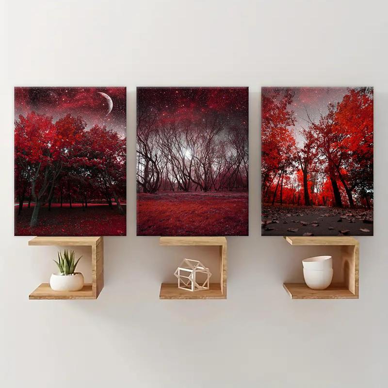 Wooden Framed Canvas Painting, 3 Counts set Starry Sky Over The Mangroves Pattern Wall Art, Wall Decor for Home Living Room Bedroom Office